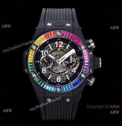 Swiss Grade 1 Hublot Big Bang Unico 7750 Chrono Watch Diamond Rainbow Bezel Rubber Strap 45.5mm